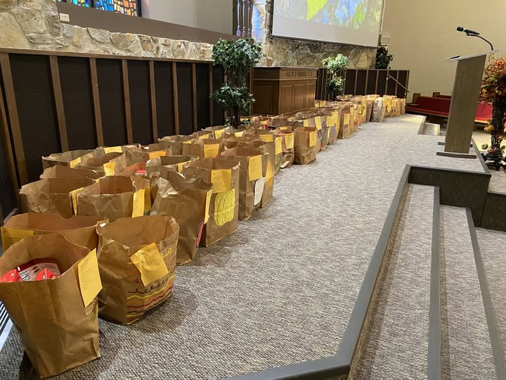 Numerous paper bags lined up along a church aisle, filled with various items and labeled with papers, in a well-lit interior space with decorative plants.